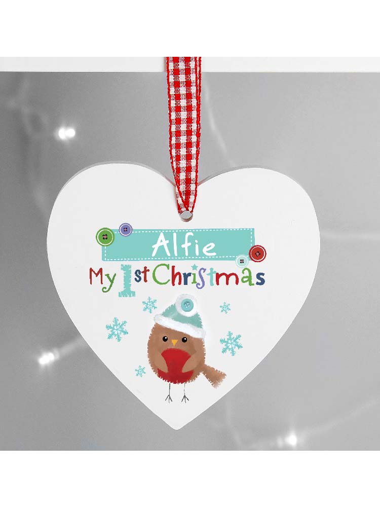 Personalised Felt Stitch Robin 'My 1st Christmas' Wooden Heart Decoration